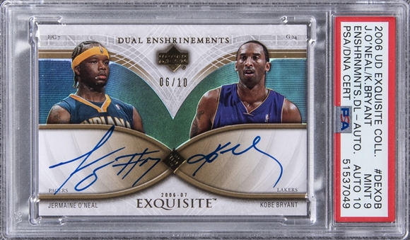 2006-07 UD "Exquisite Collection" Dual Enshrinements #DEXOB Jermaine ONeal/Kobe Bryant Dual-Signed Card (#06/10) – PSA MINT 9, PSA/DNA 10 "1 of 1!"